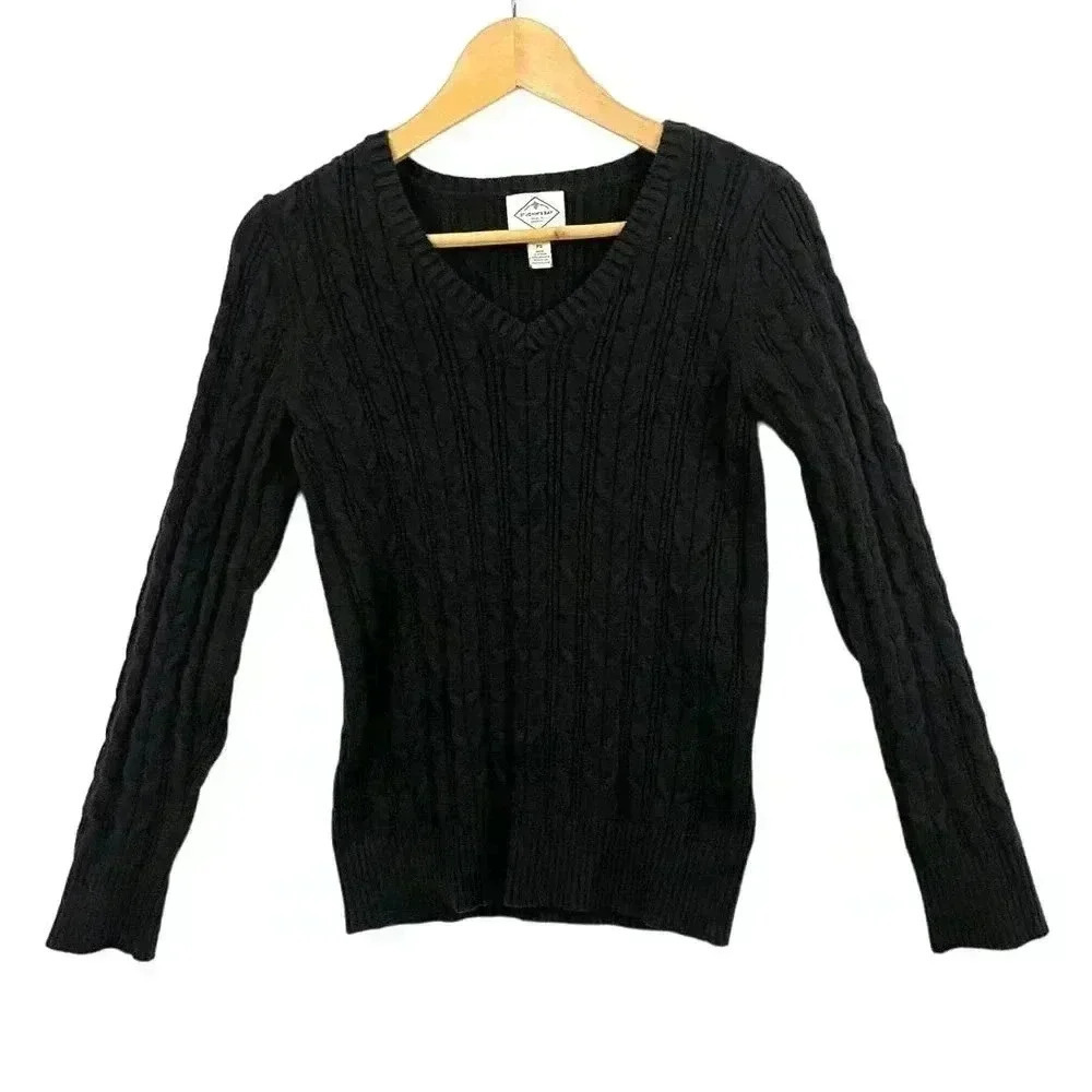 St. John's Bay Long Sleeve Pullover Sweater‎ Petite SMALL Black V-Neck Women's